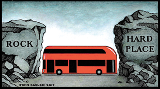 TfL are in complete denial about the numbers of bus passengers who avoid paying the fare Rock and hard place bus cartoon