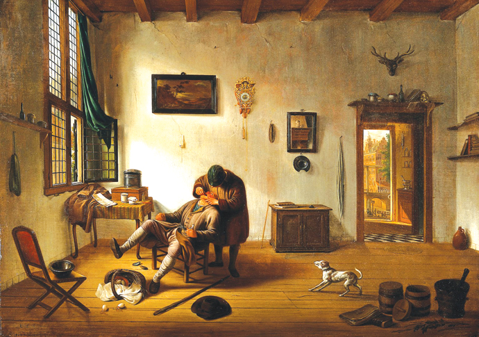 A history of dentistry – the wait is over Interior of a Dutch House with an operator attending to a man's teeth W...