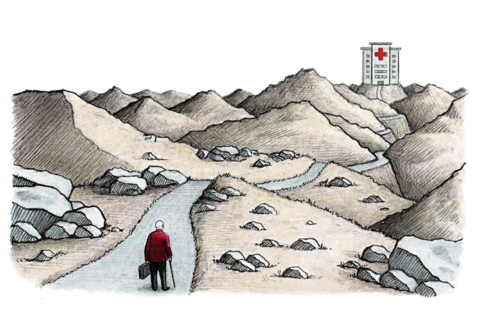 John Sadler cartoon - hospital-long journey