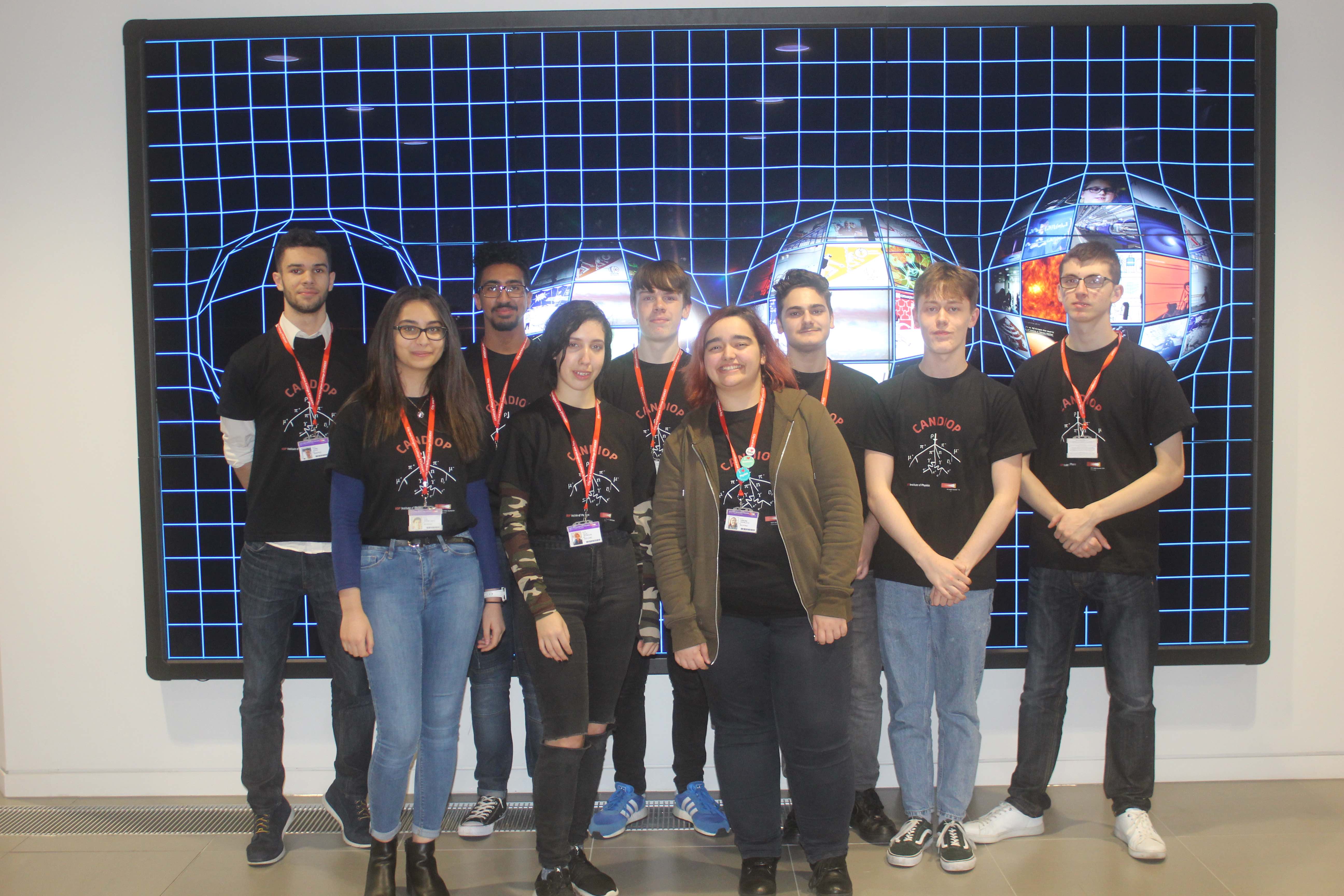 City and Islington College students in the lobby of the Institute of Physics, from left: Toma Kolev, Merian Alit, Zodiac Morris, Ella Reynolds, Jake Halliday, Dimona Viderlieva, Jonathan Licka, Albert Holloway and Lewis Brooks
