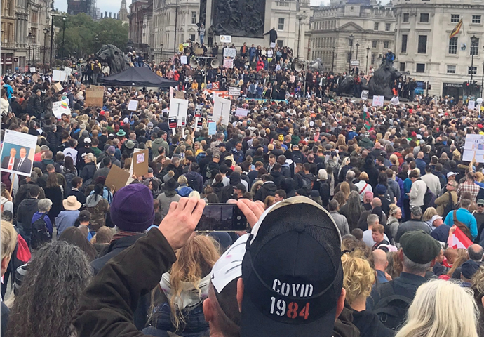 Why these draconian measures? Anti Covid demo Trafalgar Square