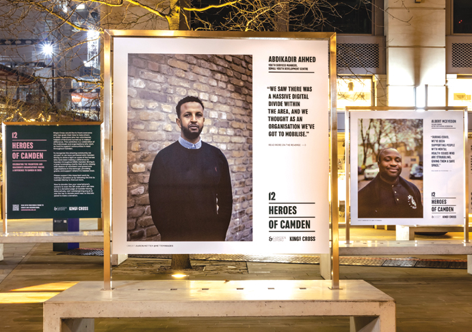 Heros of Camden photo bench exhibition in Canal Square, King's Cross