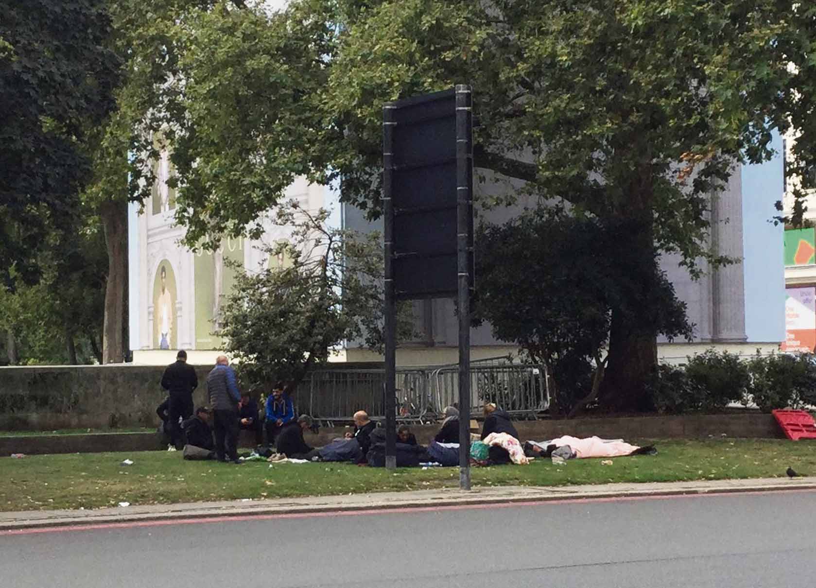 Clean up the Marble Arch island now Beggar encampment