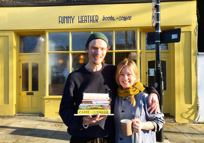 Ed Franklin and Celine Dodwell outside Funny Weather