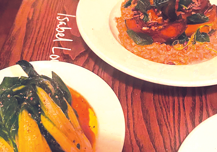 burnt treacle squash and ancient grains plus artichoke and baby swiss chard